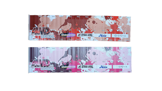 Two measuring mats with 4WD Central branding, one with pink and purple tones, and the other with a multicolored pattern.