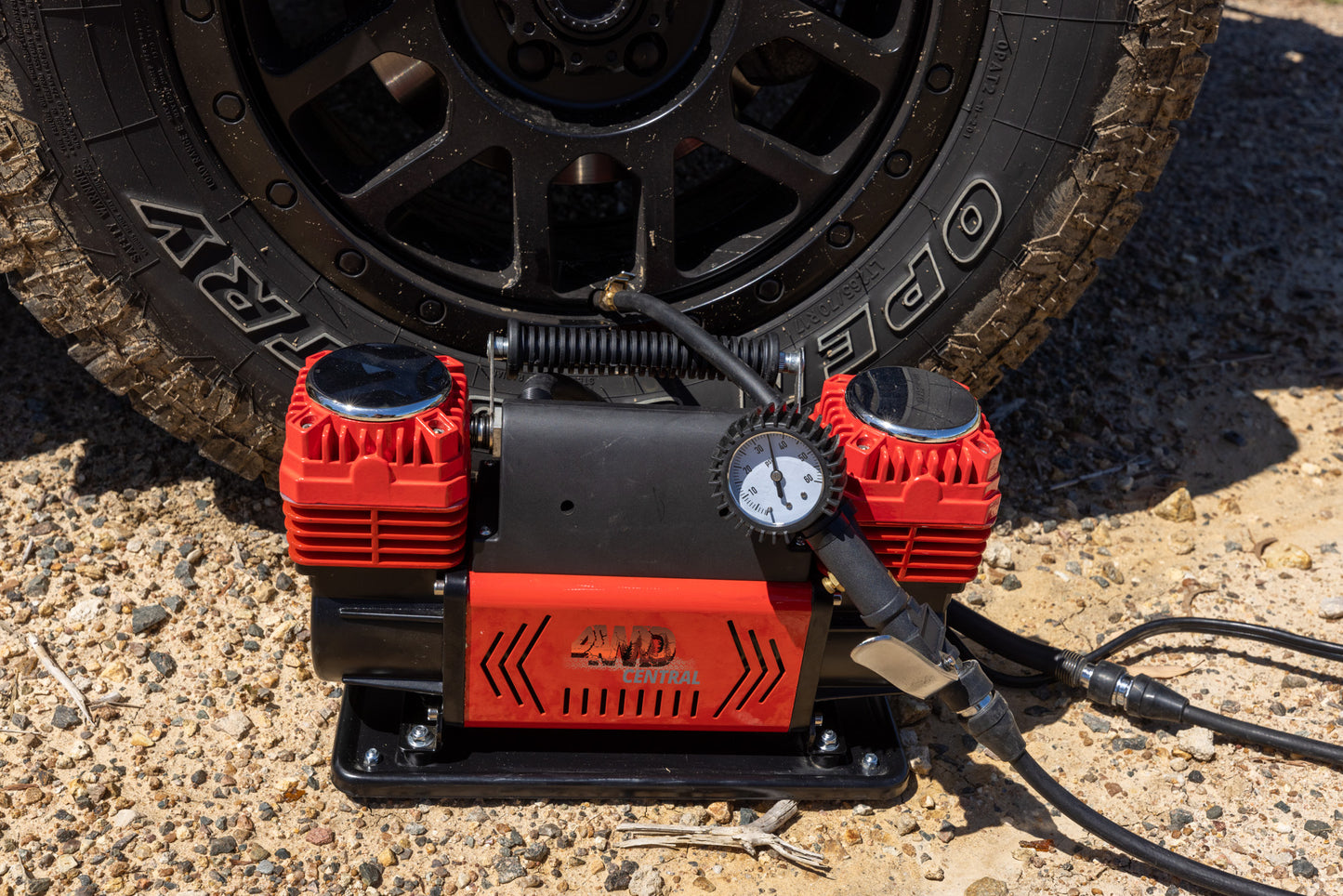 4WD Central - Dual Piston Air Compressor | 300L/min | 12v | 2.5m power cord | 8m air hose -