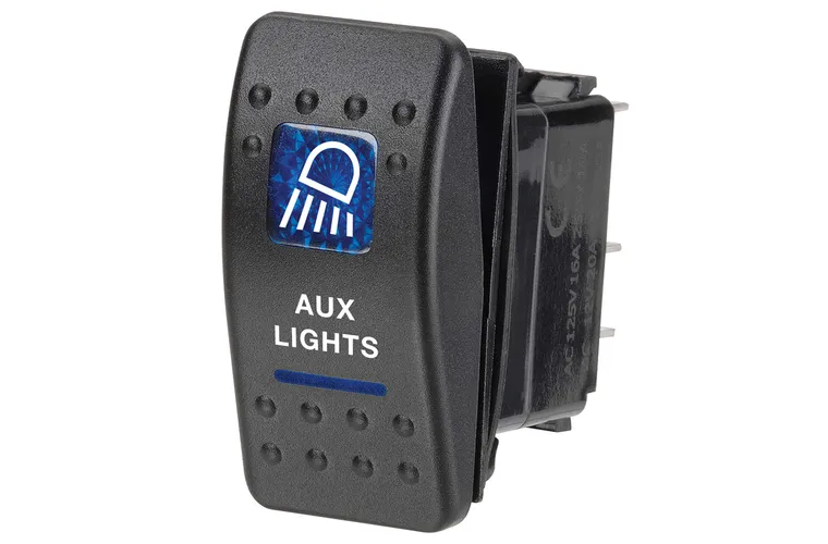 12 Volt Illuminated Off/On Sealed Rocker Switch with "Aux Lights" Symbol (Blue)