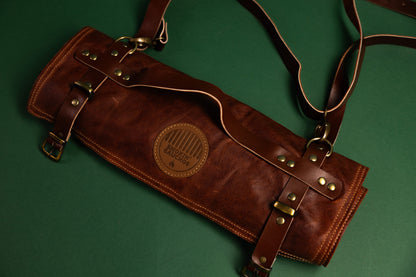 Brown Handmade Leather Knife Roll (15 Pockets)