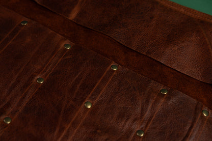 Brown Handmade Leather Knife Roll (15 Pockets)