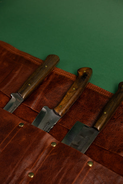 Brown Handmade Leather Knife Roll (15 Pockets)