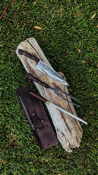 Handmade Carving Knife, Fork & Honing Steel Set + Leather Sheath