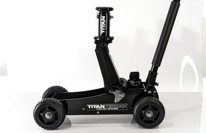 Angle view of titan terrain rugged floor jack at max extension