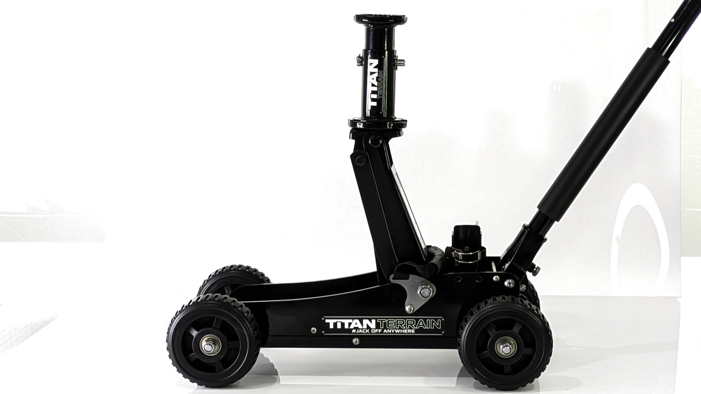 Angle view of titan terrain rugged floor jack at max extension