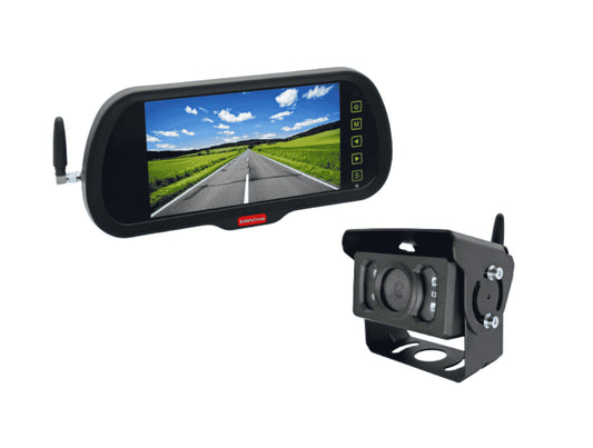 Safety Dave Wireless Rear Vision Mirror Kit – 7" Mirror Monitor + Square Black Wireless HD Camera