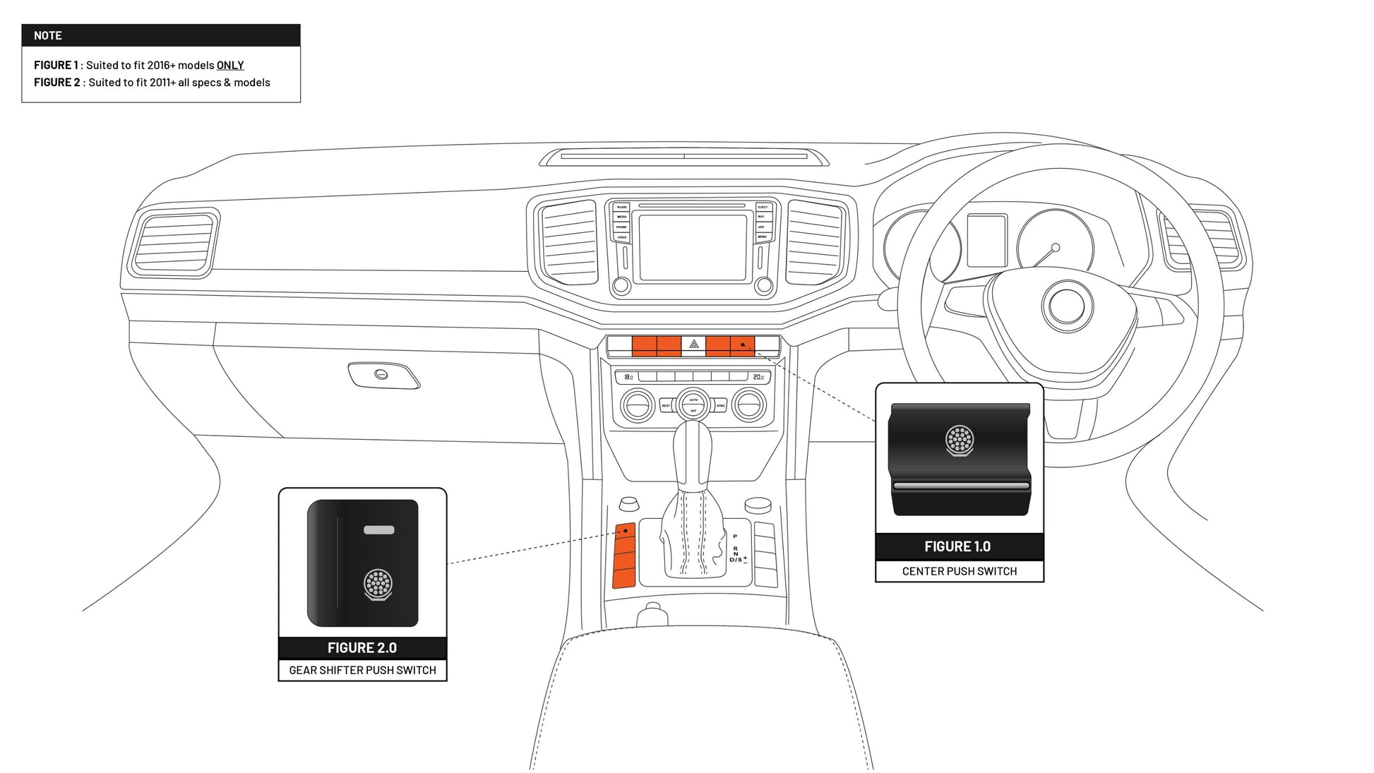 Volkswagen Amarok Push Switch (To Suit Mid-Dash 2016-2022) | Light Bar