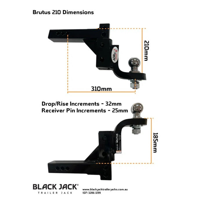 Black Jack Brutus Adjustable Tow Hitch - 4500kg - 210mm Drop - 70mm Ball