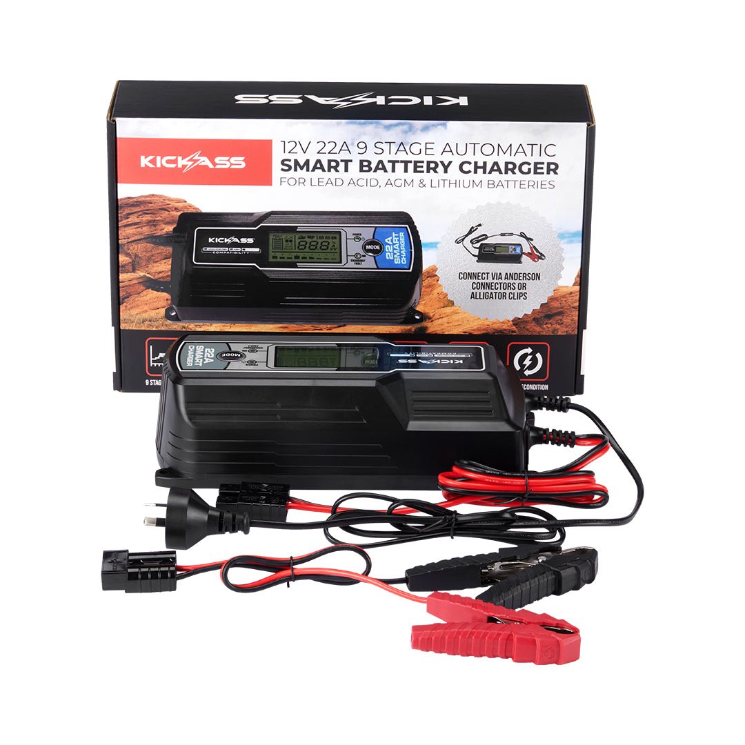 KickAss 12V 22Amp - 9 Stage Automatic Smart Battery Charger for Lead Acid, AGM & Lithium Batteries
