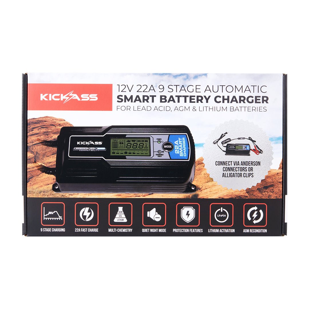 KickAss 12V 22Amp - 9 Stage Automatic Smart Battery Charger for Lead Acid, AGM & Lithium Batteries