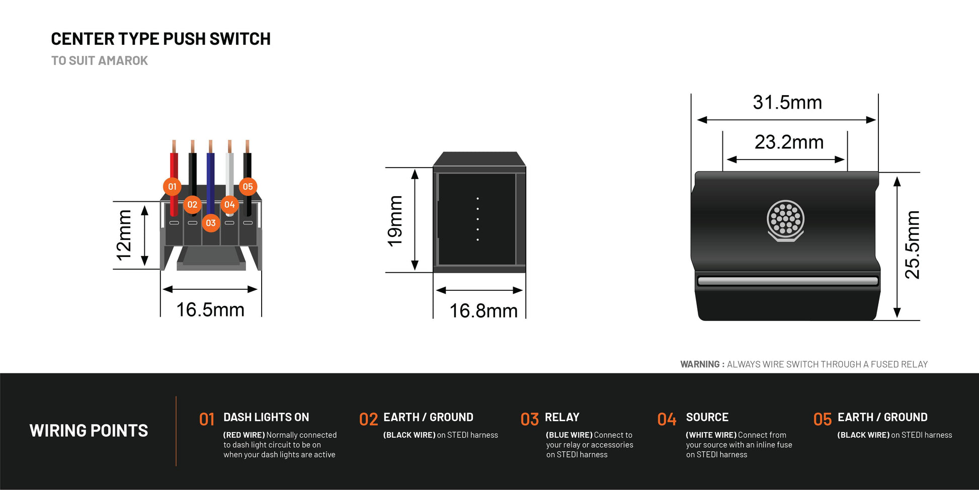 Volkswagen Amarok Push Switch (To Suit Mid-Dash 2016-2022) | Light Bar - View 3