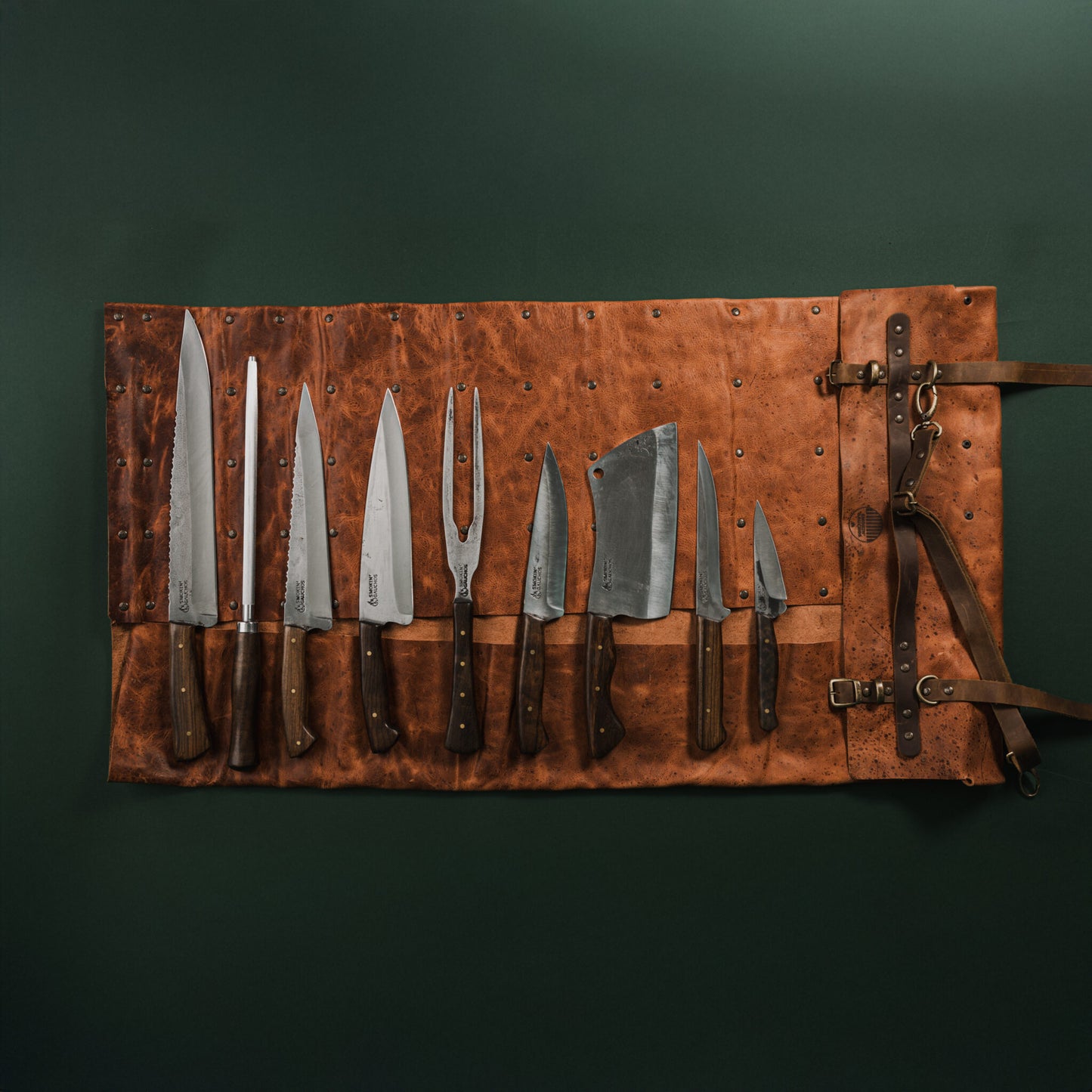 Handmade Leather Knife Roll (14 Pockets) Smokin' Gauchos Handmade Artisan Chef Knife Set (10 Piece)