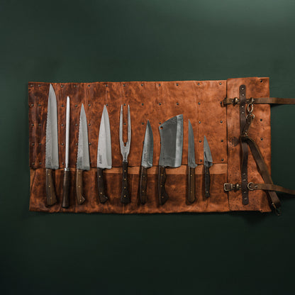 Handmade Leather Knife Roll (14 Pockets) Smokin' Gauchos Handmade Artisan Chef Knife Set (10 Piece)