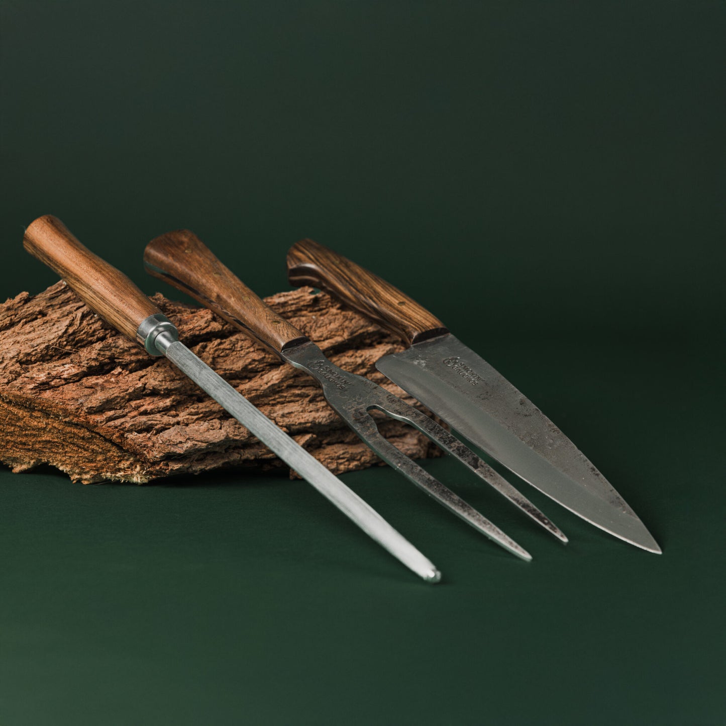 Smokin' Gauchos Handmade Carving Knife, Fork & Honing Steel Set + Leather Sheath