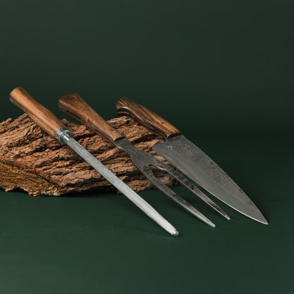 Smokin' Gauchos Handmade Carving Knife, Fork & Honing Steel Set + Leather Sheath