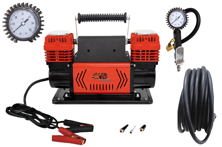 4WD Central - Dual Piston Air Compressor | 300L/min | 12v | 2.5m power cord | 8m air hose -